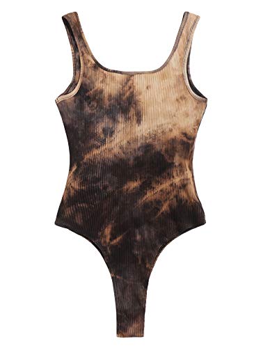 Verdusa Women's Tie Dye Notched Neck Ribbed Skinny Thong Tank Bodysuit Top Multicolored L