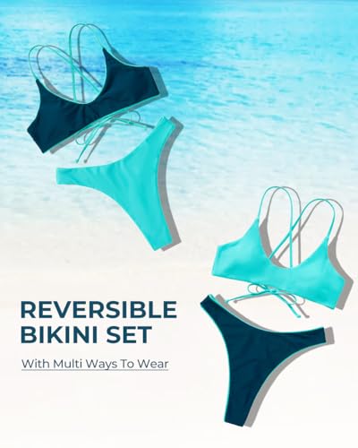 Green Blue High Waisted Thong Bikini Set Feminine