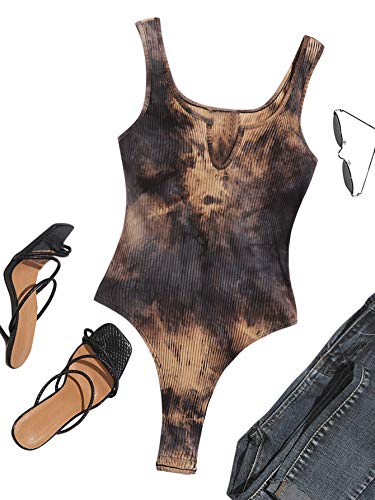 Verdusa Women's Tie Dye Notched Neck Ribbed Skinny Thong Tank Bodysuit Top Multicolored L