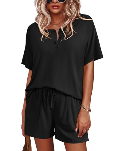 Ekouaer Womens Pajamas Set Short Sleeve Sleepwear 2 Piece Lounge Sets with Pockets Black, X-Large