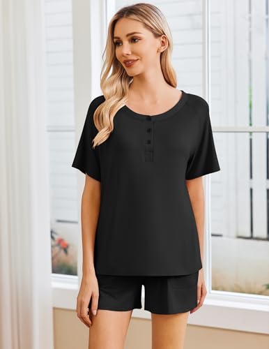 Ekouaer Womens Pajamas Set Short Sleeve Sleepwear 2 Piece Lounge Sets with Pockets Black, X-Large
