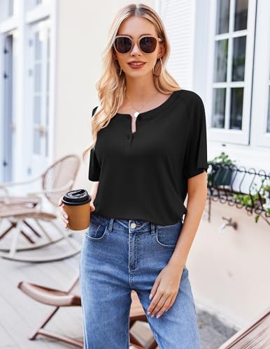 Ekouaer Womens Pajamas Set Short Sleeve Sleepwear 2 Piece Lounge Sets with Pockets Black, X-Large