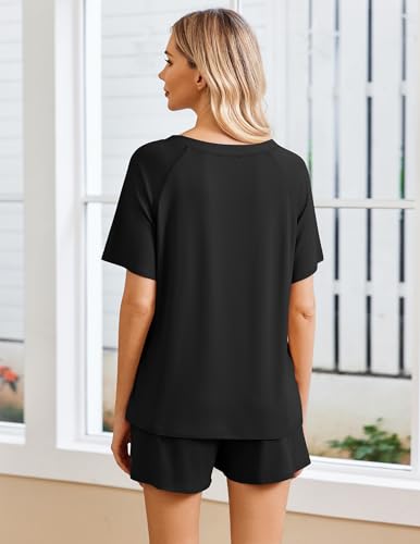 Ekouaer Womens Pajamas Set Short Sleeve Sleepwear 2 Piece Lounge Sets with Pockets Black, X-Large
