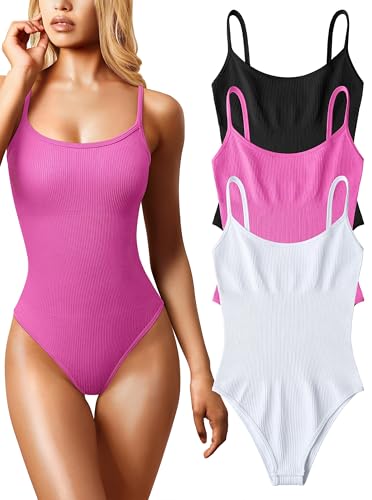OQQ Women's 3 Piece Bodysuits Sexy Ribbed Sleeveless Adjustable Spaghetti Strip Tops Shapewear Bodysuits Black Rose White