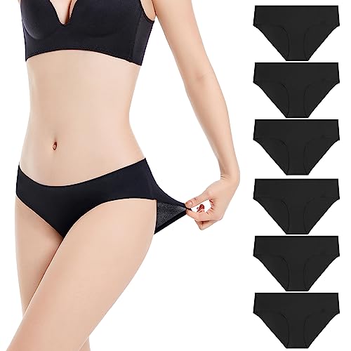 Cordaw Womens Seamless Underwear Ladies Panties No Show Invisible Soft Breathable Stretch Bikini Briefs 6 Pack-Black XL