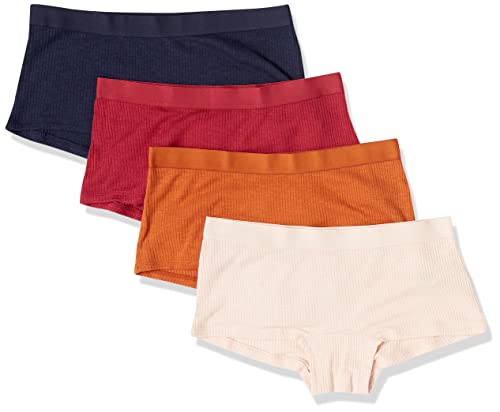 Amazon Essentials Pack of 4 Ribbed Boyshorts, Navy/Red/Brown