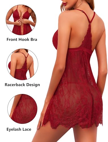 Avidlove Red Eyelash Lace Babydoll Lingerie Dress Women