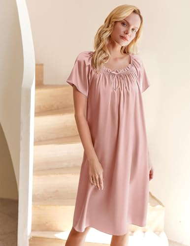 Ekouaer Womens, Silk Satin Nightgown Nightshirt, Short Sleeve, Sleep Dress, Loose Sleepwear, Pink, XX-Large