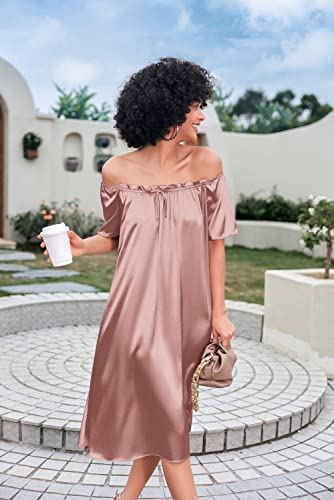 Ekouaer Womens, Silk Satin Nightgown Nightshirt, Short Sleeve, Sleep Dress, Loose Sleepwear, Pink, XX-Large