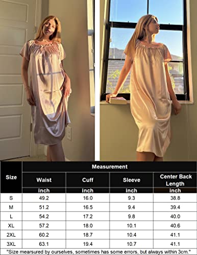 Ekouaer Womens, Silk Satin Nightgown Nightshirt, Short Sleeve, Sleep Dress, Loose Sleepwear, Pink, XX-Large