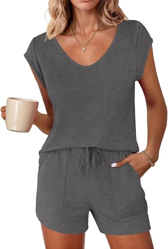 Ekouaer Womens Pajama Sets Comfy Short Sleeve Sleepwear Tops and Shorts Cute Pjs 2 Piece Lounge Set,Dark Grey,X-Large
