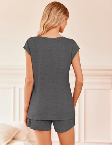 Ekouaer Womens Pajama Sets Comfy Short Sleeve Sleepwear Tops and Shorts Cute Pjs 2 Piece Lounge Set,Dark Grey,X-Large