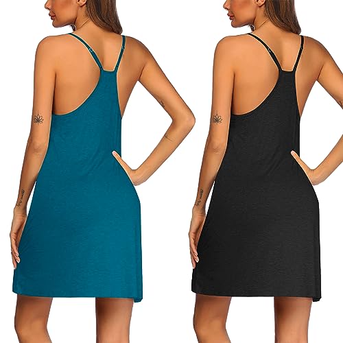 Ekouaer Women Nightgowns 2 Pack Spaghetti Strap Solid Nighties Sleeveless Sleepwear Dress Black & Blue Green XL