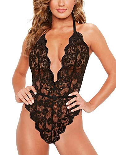 Sexy Deep V Neck Floral Lace Teddy - Black