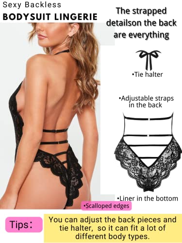 Sexy Deep V Neck Floral Lace Teddy - Black