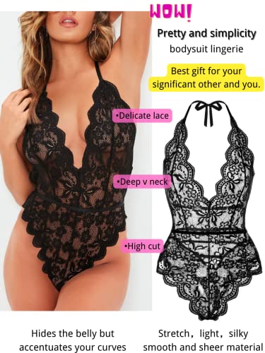 Sexy Deep V Neck Floral Lace Teddy - Black