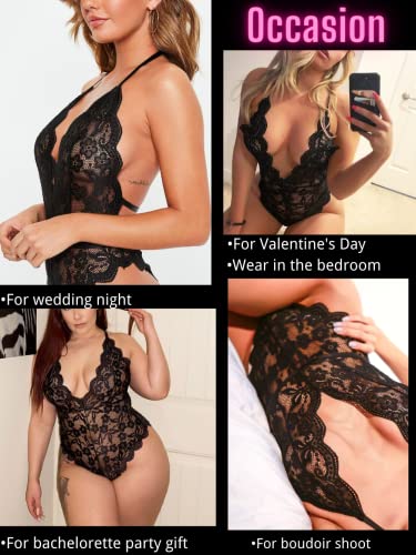 Sexy Deep V Neck Floral Lace Teddy - Black