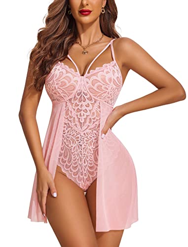 Avidlove Floral Lace Babydoll Chemise Nightie in Pink