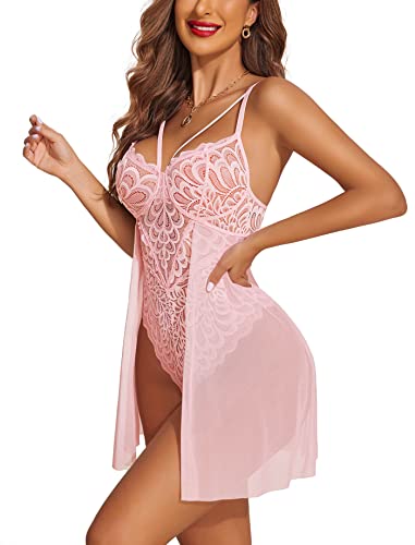 Avidlove Floral Lace Babydoll Chemise Nightie in Pink