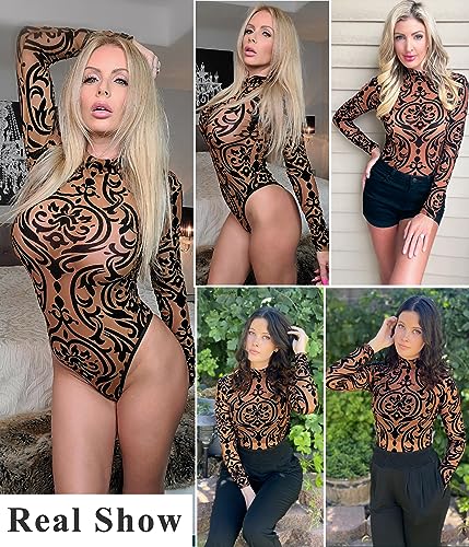Avidlove Long Sleeve Lingerie Snap Crotch Bodysuit Basic Tops Mesh Geo Print Bodysuit