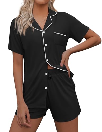 Ekouaer Pajamas Set for Women Short Sleeve Sleepwear Notch Collar Button Down Nightwear Soft Pjs Lounge Set,Black,Medium