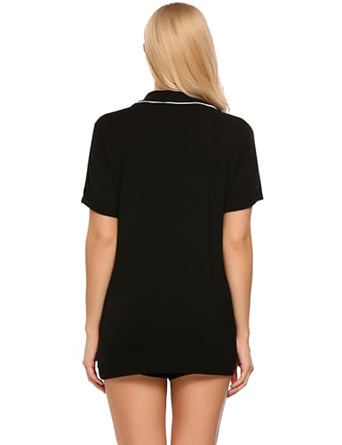 Ekouaer Pajamas Set for Women Short Sleeve Sleepwear Notch Collar Button Down Nightwear Soft Pjs Lounge Set,Black,Medium