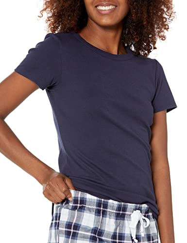 Amazon Essentials Women's Poplin Short and Sleep Tee Set, Navy Plaid, Medium