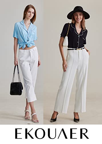 Ekouaer Pajamas Set for Women Short Sleeve Sleepwear Notch Collar Button Down Nightwear Soft Pjs Lounge Set,Black,Medium