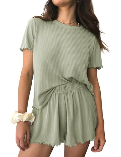 Ekouaer Womens Pajamas 2 Piece Ribbed Knit Pjs Short Sleeve Sleepwear Set Summer Soft Pajamas Set Casual Lounge Sets Light Green XL