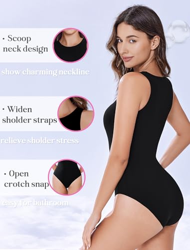 Avidlove Bodysuits for Women Crew Neck Sleeveless Body Suits Snap Closure Double Lined Tank Tops Bodysuit(Black,L)