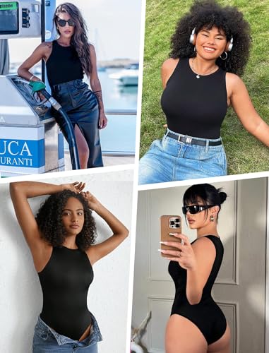 Avidlove Bodysuits for Women Crew Neck Sleeveless Body Suits Snap Closure Double Lined Tank Tops Bodysuit(Black,L)