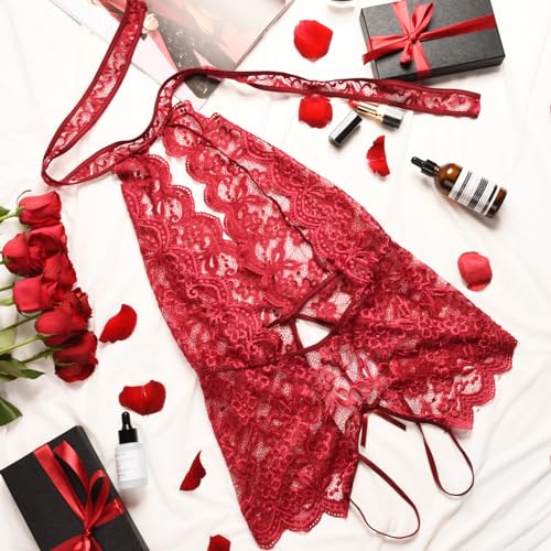 Ababoon Lace One Piece Baby Dolls Lingerie Red