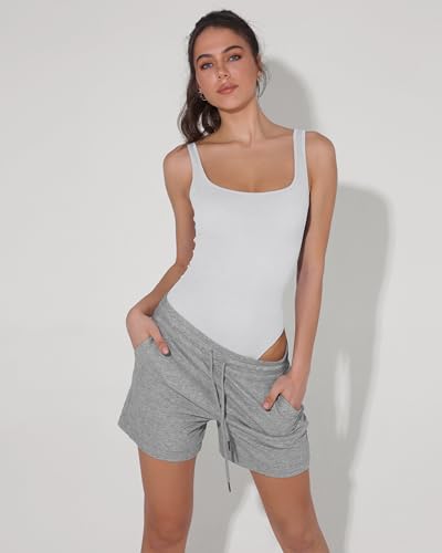 ODODOS Seamless Bodysuit for Women Square Neck Sleeveless Ribbed Tank Top Bodysuits, White, Medium/Large