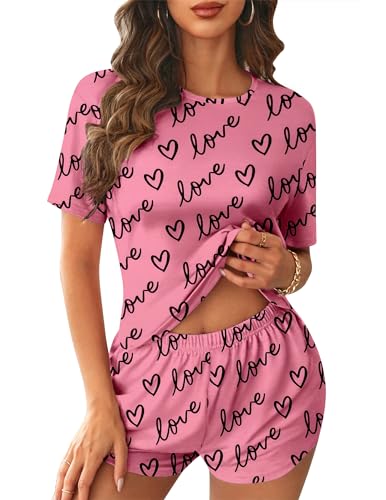 Ekouaer Women Pajama Set Short Sleeve Comfy Pjs Sets 2 Piece Lounge Set with Pockets Pink Love X-Large