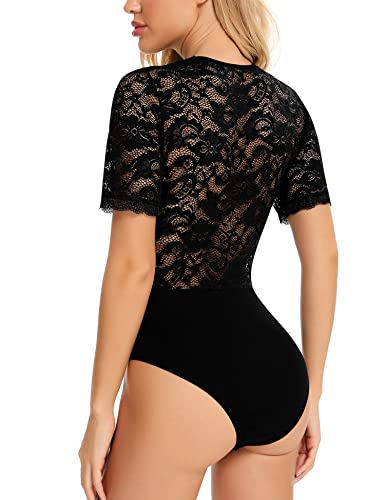 Gladiolus Womens Sexy V Snap Crotch Bodysuit One Piece Lace See Through Bodysuit Black M