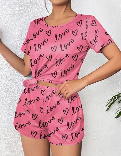Ekouaer Women Pajama Set Short Sleeve Comfy Pjs Sets 2 Piece Lounge Set with Pockets Pink Love X-Large