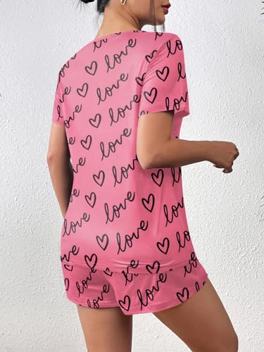 Ekouaer Women Pajama Set Short Sleeve Comfy Pjs Sets 2 Piece Lounge Set with Pockets Pink Love X-Large
