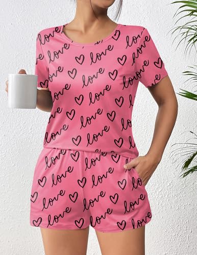 Ekouaer Women Pajama Set Short Sleeve Comfy Pjs Sets 2 Piece Lounge Set with Pockets Pink Love X-Large