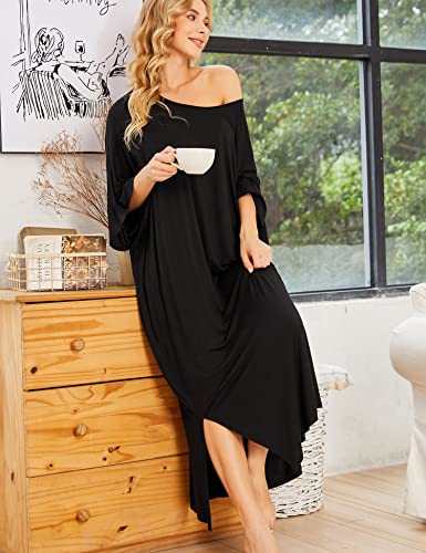 Ekouaer Womens, Nightgown Nightshirt, Round Neck/V Neck Loungewear, Oversized Pajama, Loose Pockets, Long Sleep Dress, A_black, 3X-Large