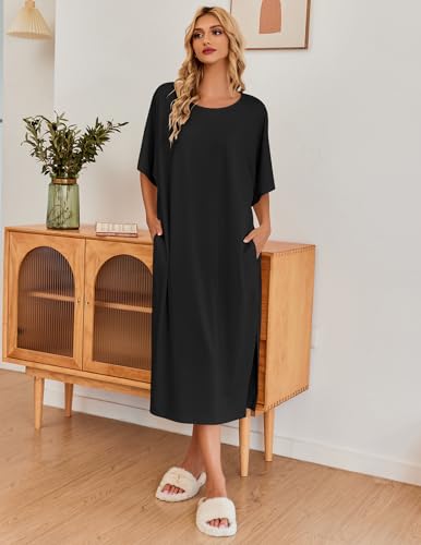 Ekouaer Womens, Nightgown Nightshirt, Round Neck/V Neck Loungewear, Oversized Pajama, Loose Pockets, Long Sleep Dress, A_black, 3X-Large