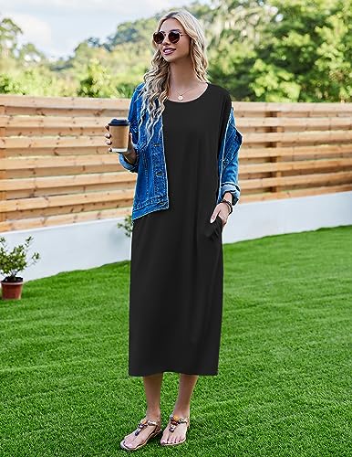 Ekouaer Womens, Nightgown Nightshirt, Round Neck/V Neck Loungewear, Oversized Pajama, Loose Pockets, Long Sleep Dress, A_black, 3X-Large