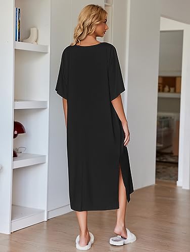 Ekouaer Womens, Nightgown Nightshirt, Round Neck/V Neck Loungewear, Oversized Pajama, Loose Pockets, Long Sleep Dress, A_black, 3X-Large
