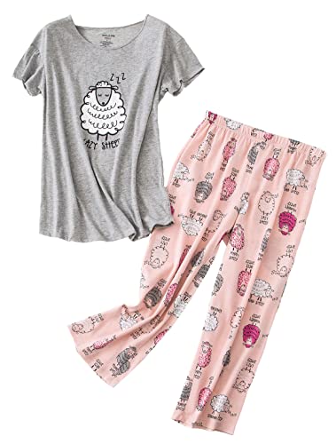 PNAEONG Women Pajama Set Sleepwear Tops with Capri Pants Casual and Fun Prints Pajama Sets Lazy Sheep 2XL