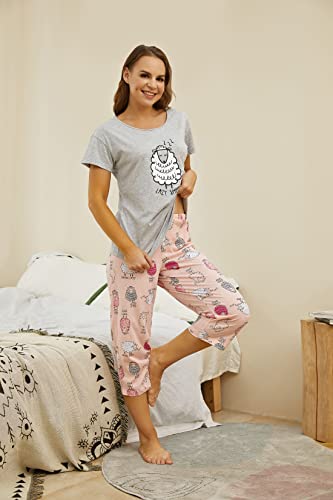 PNAEONG Women Pajama Set Sleepwear Tops with Capri Pants Casual and Fun Prints Pajama Sets Lazy Sheep 2XL