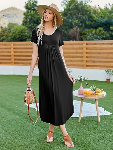 Ekouaer Long Nightgowns for Women Pleated Sleepwear Short Sleeve House Dress Full Length Loungwear Black XL