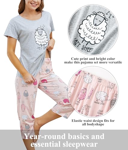 PNAEONG Women Pajama Set Sleepwear Tops with Capri Pants Casual and Fun Prints Pajama Sets Lazy Sheep 2XL