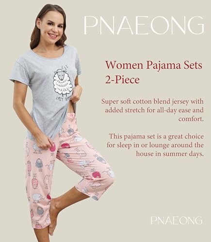PNAEONG Women Pajama Set Sleepwear Tops with Capri Pants Casual and Fun Prints Pajama Sets Lazy Sheep 2XL