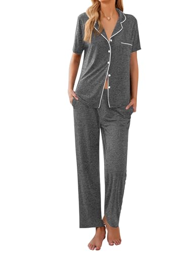 Ekouaer Women Pajamas Set Button Down Sleepwear Short Sleeve Nightwear with Long Pants Soft Pjs Set S-XXL Medium Grey XL