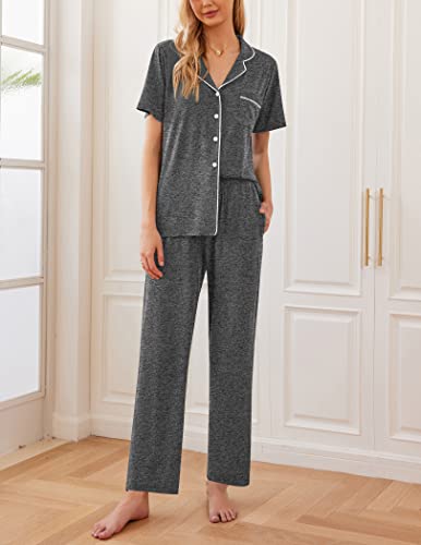 Ekouaer Women Pajamas Set Button Down Sleepwear Short Sleeve Nightwear with Long Pants Soft Pjs Set S-XXL Medium Grey XL