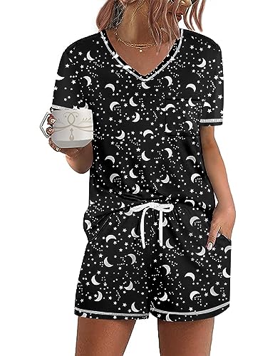 Ekouaer Women's Pajamas Sets Short Sleeve Lounge Sets Sleepwear Casual Two Piece Pjs With Pockets Black Moon Star XX-Large